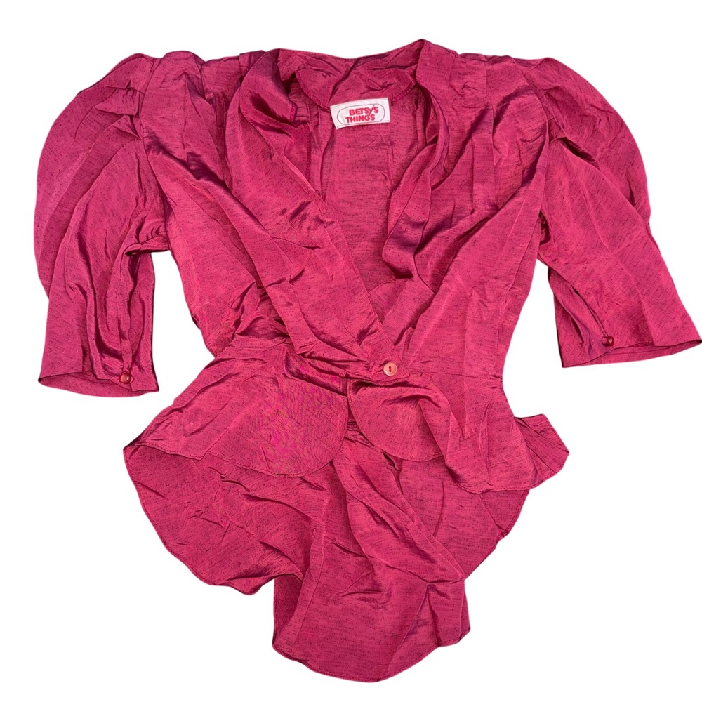 Betsy's Things Vintage 80s Magenta Peplum Blouse Puff Shoulder Slub Wrap Top